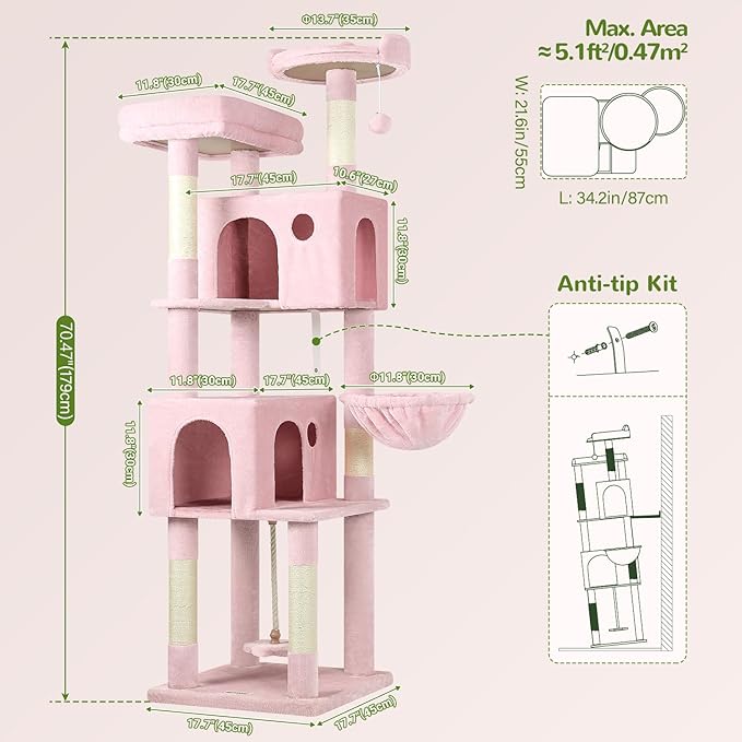 Globlazer Pink Cat Tree, 70 inch Tall Scratching Tower Multi-Level Cat Condo for Indoor Multiple Cats with 2 Large Cat Caves, Top Perch, Large Platform, Bottom Swing, F70B, Pink-Mewly Pet