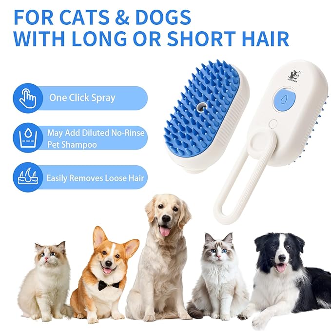 Cat Steam Brush for Shedding,4 in 1 Grooming Brush for Cats and Dogs,Deshedding,Massage,Cleaning & Anti-Static All In One,Suitable for Long & Short Haired Pets,Includes Waterless Shampoo,Blue-Mewly Pet