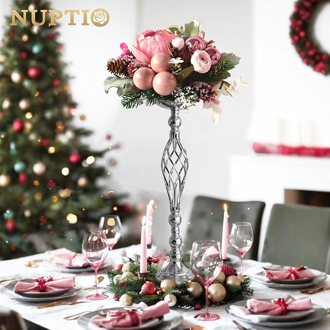 Set of 10 Versatile Silver Flower Arrangement Stand, Pillar Candle Holder Set for Wedding Party Dinner Centerpiece Event Restaurant Hotel Decoration (Silver, 10 x L)