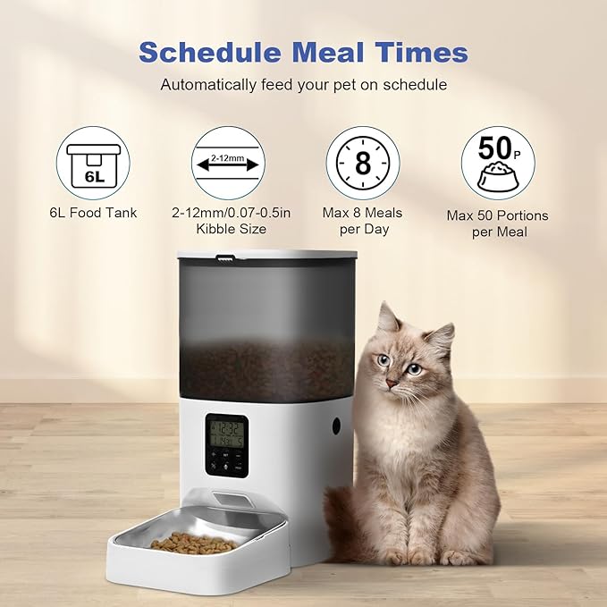 Automatic Cat Feeder, 6L Cat Food Dispenser with 10s Voice Recorder, Pet Feeder up to 8 Meals per Day, Timed Feeder with Dry Food Sealed Ring (Jade White, 6L)-Mewly Pet