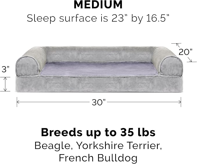 Furhaven Cooling Gel Dog Bed for Medium/Small Dogs w/ Removable Bolsters & Washable Cover, For Dogs Up to 35 lbs - Faux Fur & Velvet Sofa - Smoke Gray, Medium-Mewly Pet