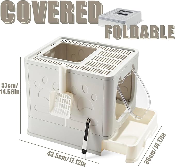 Gefryco Litter Box with Lid for Small to Medium Cats, Enclosed Cat Litter Box with Cover，High Sided Top Entry Cat Box with Brush and Scoop, Cute Kitty Litter Pan with Drawer for Growing Kittens(Grey)-Mewly Pet