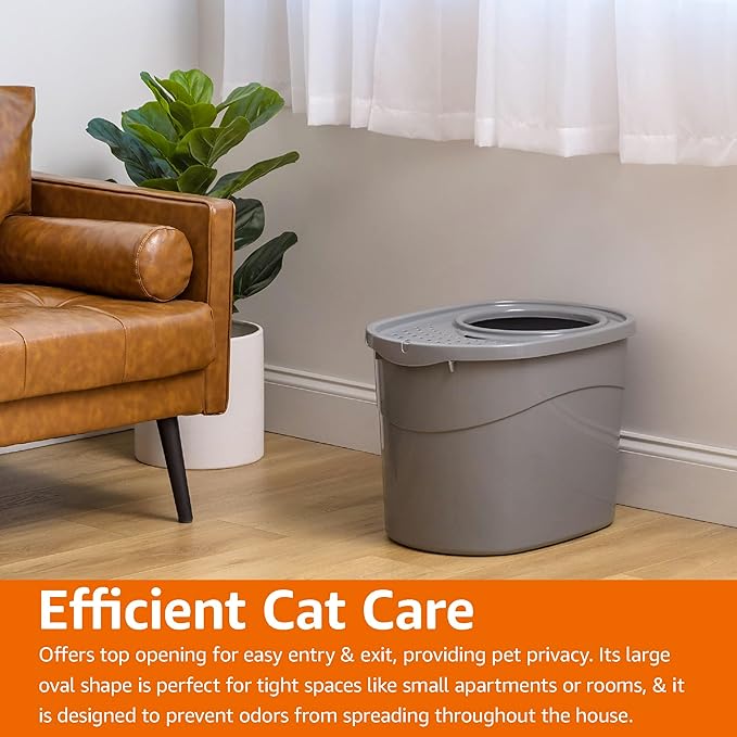 Amazon Basics Large Cat Litter Box with High Sides, Top Entry, Includes Scoop, 20.5 x 14.75 x 14.38 inches, Grey-Mewly Pet