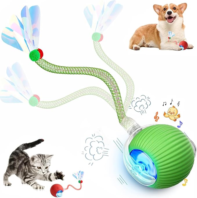 Speed 2.0 Tail Interactive Cat Toys for Indoor Cats, Chirping & Motion Activate Cat Toy, Smart Kitten Rolling Ball Moving Ball Toys, Rechargeable Dog Cat Bal l for Enrichment Exercise (Green)-Mewly Pet