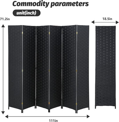 FDW Room Divider 6 Panels Wood Mesh Hand-Woven Design Indoor Folding Portable Partition Screen, Coal Black
