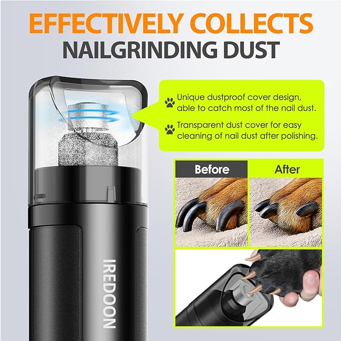 Dog Nail Grinder Upgraded - Professional 3-Speed Super Quiet and Low Vibration Electric Pet Nail Grinder with 4 LED Lights - Painless Paws Grooming & Smoothing for Small to Large Dogs (Black)-Mewly Pet