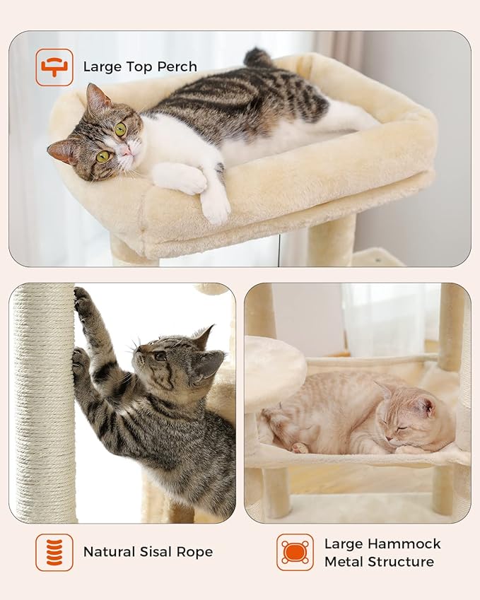 Cat Tree for Large Cats Adult with Metal Plush Big Hammock, 56.3" Cat Tower with 2 Door Condo House, 6-Tier Cat Shelves with Scratching Posts and Large Top Perch, Beige-Mewly Pet