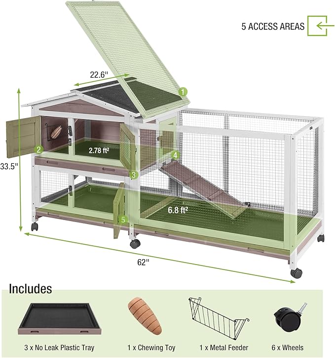 GUTINNEEN Rabbit Hutch with Chew-Resistant Ramp Indoor Bunny Cage Outdoor Guinea Pig Cage with Wheels and Leakproof Tray-Mewly Pet