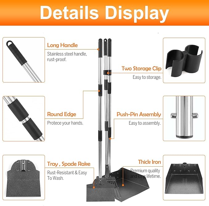 Dog Pooper Scooper, Adjustable Handle Poop Scooper with Tray,Rake and Spade Set of 3, Steel Stainless Poop Scoop for Medium Large Dogs and Pet Waste on Grass, Dirt and Gravel (Large Size)-Mewly Pet
