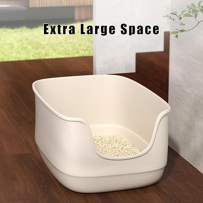 Gefryco Large Cat Litter Box with High Sided 24.6"x18.3"x12.2" - Jumbo Extra Large Open Anti - Splashing High Wall for Multiple Cats (White)-Mewly Pet