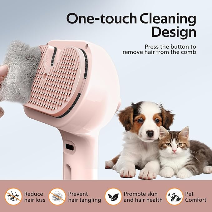Pet Grooming Brush with Electronic Mist Spray - Gentle Deshedding Tool for Cats & Dogs, Pet Steam Brush，Reduces Shedding, Soft Bristles, Promotes Healthy Coat-Comes with a hair smoothing comb-Red-Mewly Pet