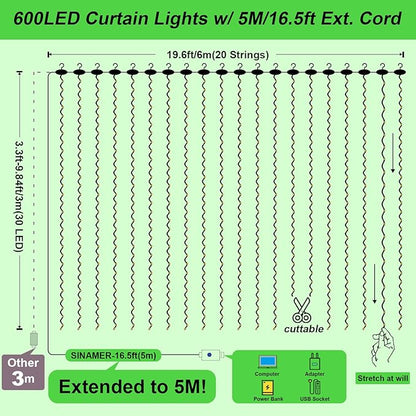 600LED Green Curtain Lights for Bedroom, 19.6ft x 9.8ft Fairy Curtain String Light with 24 Hooks, 8 Modes Hanging Lights for Wedding, Party, Backdrop, Window, Xmas Decor