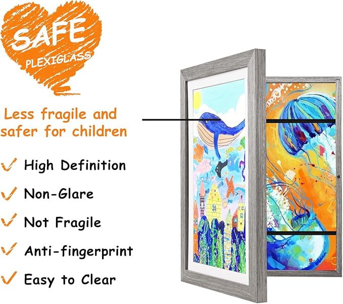 KINLINK A4 Kids Art Frames Set of 2, Solid Wood Kids Artwork Frames Changeable with Acrylic Front Opening Holds 150 Pictures 8.3x11.7, Art Frame for Kids Artwork with Mat or without Mat, Grey