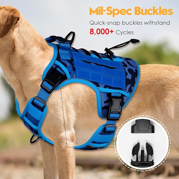 Heavy-Duty Tactical Dog Harness for Large Dogs, No Pull Adjustable Reflective Pet Vest with Molle System, K9 Military-Grade Control for Service Training, Outdoor & 10+ Breeds, Blue Camo, XX-Large-Mewly Pet