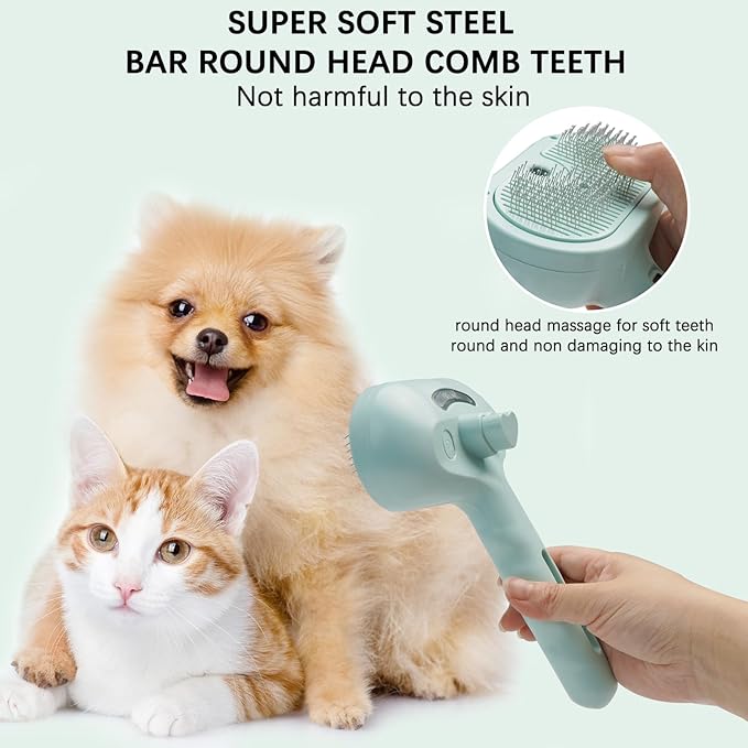 Pet Steam Brush for Cat & Dog – 4-in-1 De-Shedding, Steam Spray, and Self-Cleaning Grooming Tool – Ideal for Long and Short-Haired Pets– Includes 2 Bottles of 120 mL Waterless Shampoo(Green)-Mewly Pet