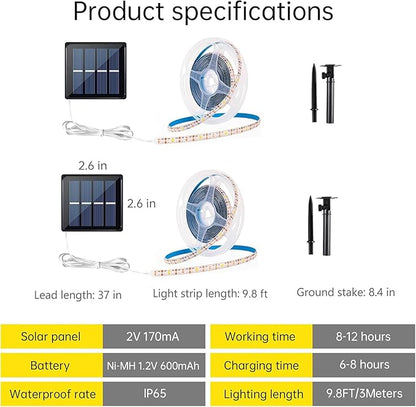 Solar LED Light Strip Outdoor Tape Rope Lights Waterproof 10ft Garden Path Decorative Lighting with 8 Modes for Outside, Wrap, Party, Stair, Step, Gazebo, Yard, Wedding, Christmas, 2 Pack