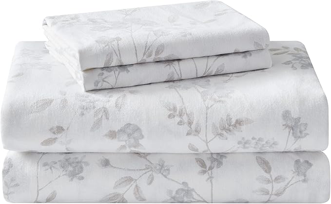 Laura Ashley - Flannel Sheets Twin Size, Anti-Pilling & Wrinkle Resistant Cotton, Touchably Soft for All-Season Comfort - Bed Sheets with Matching Pillowcase & Fitted Sheet (Fawna Grey)