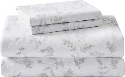 Laura Ashley - Flannel Sheets Twin Size, Anti-Pilling & Wrinkle Resistant Cotton, Touchably Soft for All-Season Comfort - Bed Sheets with Matching Pillowcase & Fitted Sheet (Fawna Grey)