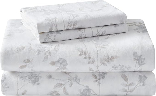 Laura Ashley - Flannel Sheets Full Size, Anti-Pilling & Wrinkle Resistant Cotton, Touchably Soft for All-Season Comfort - Bed Sheets with Matching Pillowcases & Fitted Sheet (Fawna Grey)