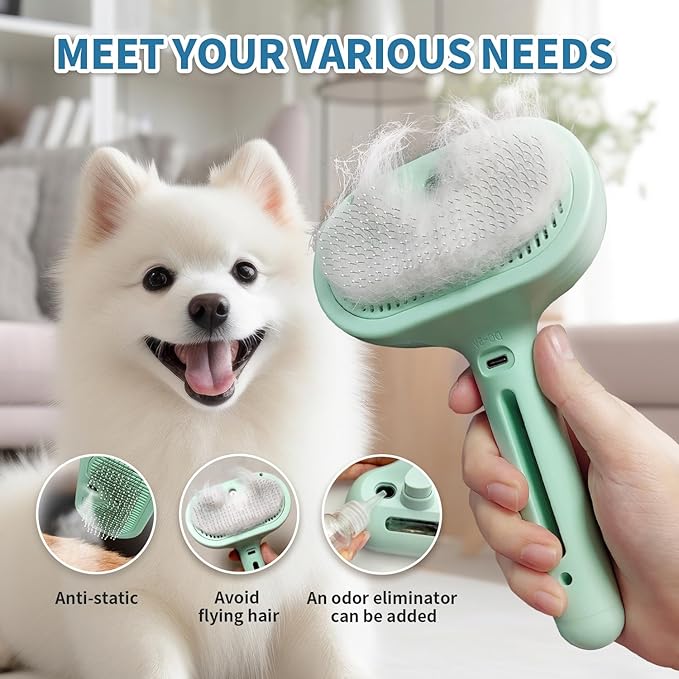 Steam Pet Brush for Shedding, 3 In 1 Self Cleaning Anti-Static Steamy Hair Brush, Reduces Loose Hair and Shedding for Long and Short Hair Pets Grooming, Green-Mewly Pet