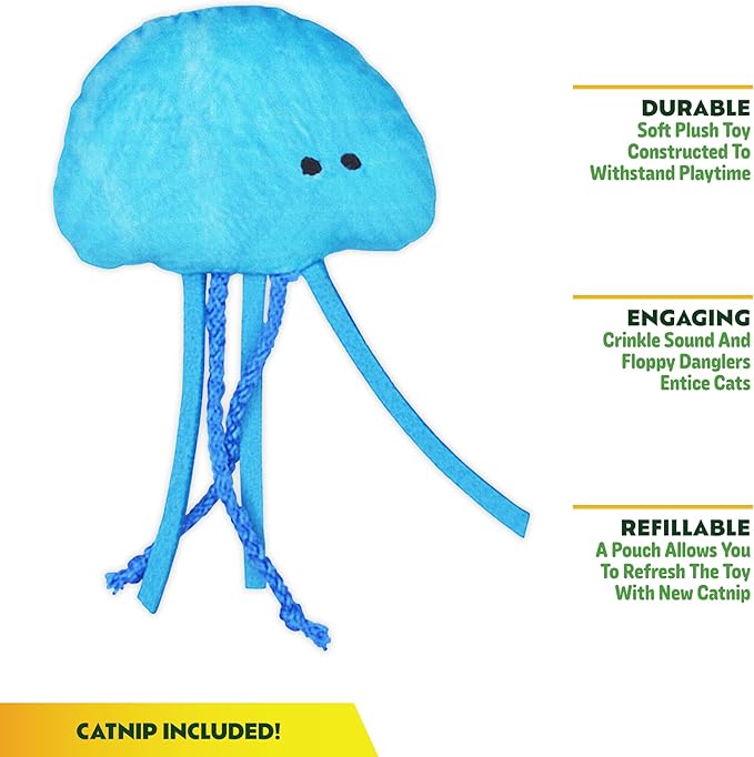 ZOOMIE Jelly Fish - Refillable Catnip Toy + Catnip | High Potency Hand Harvested Fresh Catnip | Soft Plush for Engaging Play-Mewly Pet
