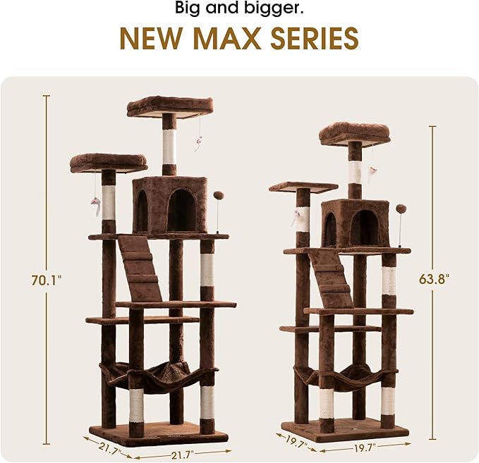 MWPO 70.1-Inch Large Cat Tree, Multi-Level Tall Cat Tower for Indoor Cats, Plush Cat Condo with Big Padded Perches, Sisal-Covered Scratching Posts, Hammock, Toys for Kittens & Cats - Brown-Mewly Pet