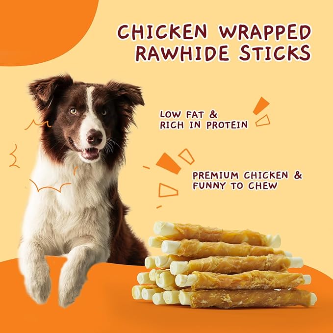 Jungle Calling Dog Treats, Chicken Wrapped Rawhide Sticks for Dogs, Grain-Free Natural Small Dogs Training Treats, Edible Pet Chew Snacks,10.6 oz-Mewly Pet