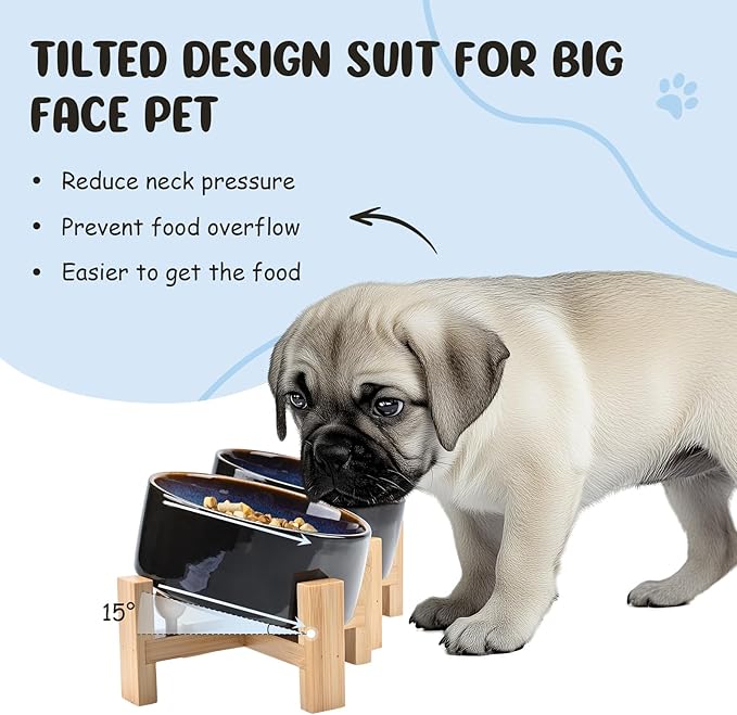 SPUNKYJUNKY 15° Slanted Ceramic Dog and Cat Bowl with Wooden Stand, Tilted Bulldog Food and Water Bowl No Slip Non-Spill for Cats Medium Dogs Big Face Pets 13.5 OZ (1.7 Cups, Starry Blue × 2)-Mewly Pet