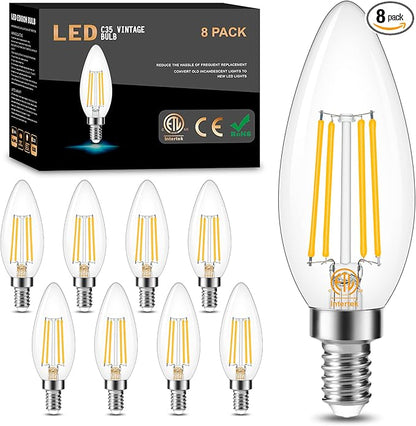 Cotanic Dimmable Candelabra LED Bulb 3000K Soft White,E12 Base Ceiling Fan Light Bulb 60W Equivalent, B11 LED Candle Shape with Clear Glass,C35 Filament Chandelier Light Bulb,600LM,8 Pack