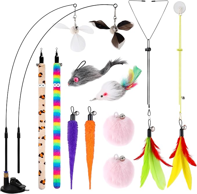 Soarer 4-in-1 Interactive Cat Feather Toys,12Pcs Durable Fishing Pole Cats Feathers Toy Replacements,Enhanced Suction Cup Cats Wand Toy,2 Types Door Hanging Cat String Toys for Indoor Kitten-Mewly Pet