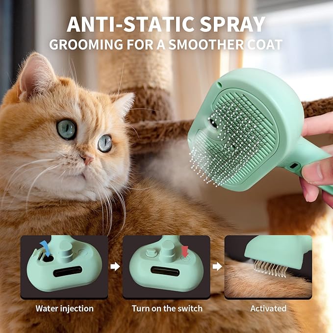Cat Steam Brush for Shedding, 3 In 1 Steam Pet Brush Self Cleaning, Dog Brush for Long and Short Hair Dogs and Cats, Pet Grooming Comb Remove Tangled Loose Hair, Type-C Fast Charging (Green)-Mewly Pet