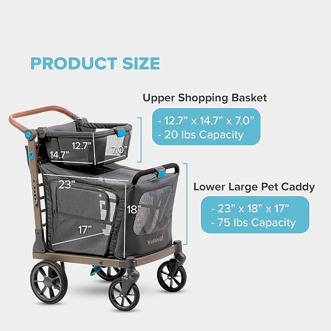Pet XL Foldable Cart - Adjustable & Portable Pet Stroller with Caddy, Shopping Basket, Foam Filled Rubber Wheels & Storage - Carriage for Small & Medium Dogs, Cats Under 75 lbs-Mewly Pet