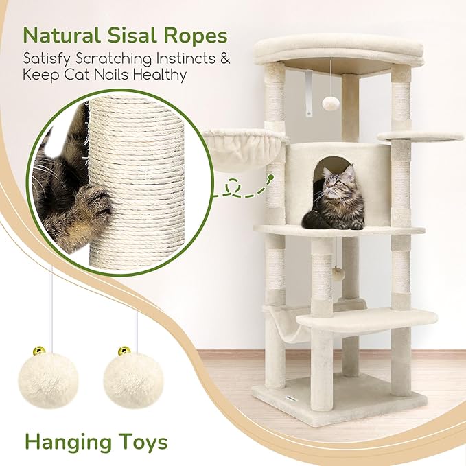 Globlazer Corner Cat Tree Tower with Scratching Post for Indoor Cats, 51in Plush Multi-Level Cat Tower with Large Hammock, Fan-Shaped Padded Perch, Spacious Cat Condo, Hanging Basket, C51, Light Beige-Mewly Pet
