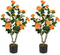 GOFLAME 3FT Artificial Camellia Tree, 2 Pack Faux Camellia Plant with Orange Flowers, Solid Wood Trunk, Realistic Moss, Greenery Potted Decoration Tree for Indoor Outdoor Home Porch Front Door