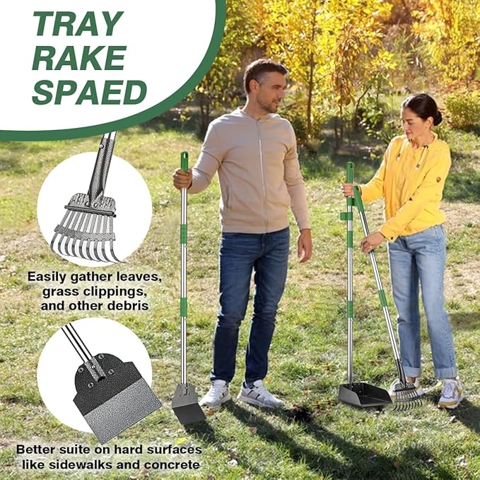 Pooper Scooper, Long Handle Dog Pooper Scooper, Heavy Duty Stainless Steel Rake with Tray & Spade Set for Pet Waste Removal, for Grass, Dirt or Gravel - Green-Mewly Pet