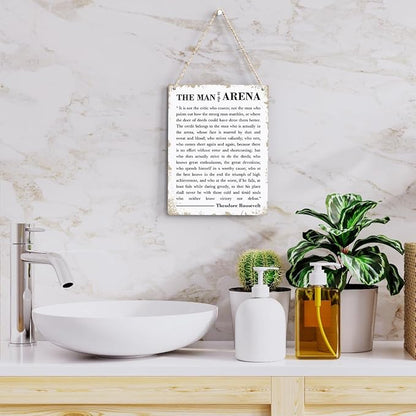 Motivational Wood Wall Art Inspirational The Man in The Arena Theodore Roosevelt Quote Hanging Sign Speech Quotes Plaque Signs Farmhouse Home Office Wall Decor Gift for Men 8x10 Inches