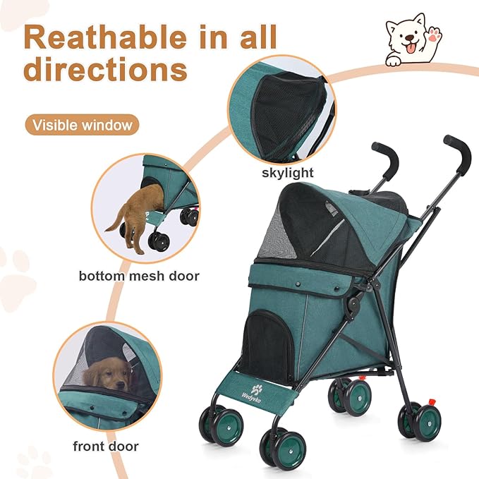 Umbrella Dog Stroller, 4 Wheels Pet Strolling, Foldable Carrier Pet Stroller for Small Dogs Cats, with Carrying Strap and Cup Holder, Dog Poop Bags & Dispenser, Up to 33 lbs, Dark Green-Mewly Pet