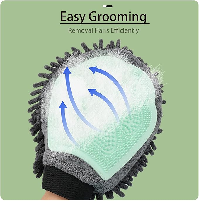 Dual Sided Pet Grooming Glove with Rubber Paw - 2-in-1 Grooming Glove | Fun Dogs & Cats Grooming Tool for Brushing, Massaging, and Scrubbing | Chenille Fabric Side Acts as Pet Bathing(Green)-Mewly Pet