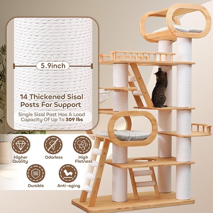 76.8'' Tall Modern Large Cat Tree,Multi-Level Wood Cat Tower for Indoor Cats Large Adults,Luxury Heavy Duty Cat Condo with Cushion,Scratching Posts,Clear Hammock Activity (76.8inch)-Mewly Pet