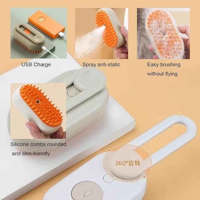 4-in-1 Cat Steam Brush Cat and Dog Anti-Static steam Brush with Spray for Massaging,cleaning,Shedding,Grooming,New Rechargeable Pet Grooming Brushes(cream khaki)-Mewly Pet
