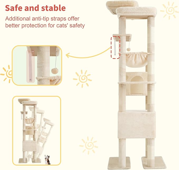 Hey-brother Tall Cat Tree Tower, Heavy Duty Scratching Posts with Large Platforms, Cozy Condos, Big Hammock, Toy Balls, Multi-Level Furniture for Indoor Adult Cats, 80.7 Inches, Beige MPJ039M-Mewly Pet