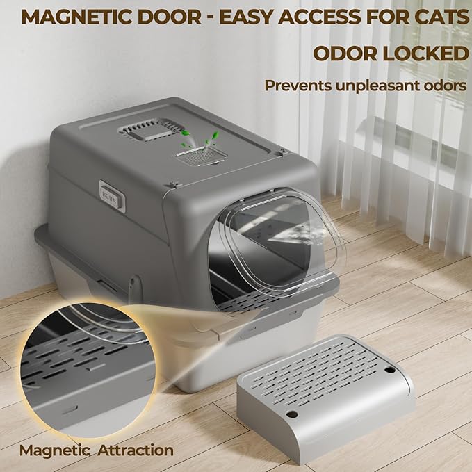 Stainless Steel Cat Litter Box with Lid, XX-Large Extra Large Litter Box for Big Cats, Enclosed Removable Metal Cat Box with High Sided Enclosure,Magnetic Door,40L Box, Litter Trap Step/Mat-Mewly Pet