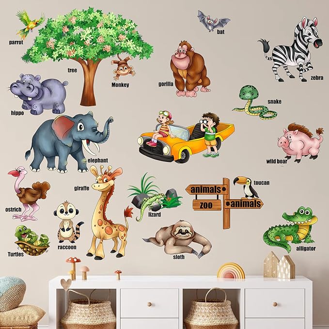 Jungle Animal Wall Stickers Forest Safari Wall Decals Kid Room Nursery Baby Bedroom Décor (Early Childhood Animal Education)