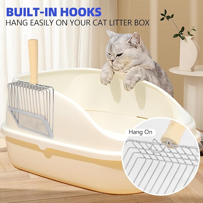 Litter Scooper, Metal Litter Scoop, Pooper Scooper with Wooden Handle, Cat Litter Scoop, Metal Scooper & Speed Sifter Deep Shovel Scoop Filter,Kitten Pooper Lifter for Litter Box-Mewly Pet