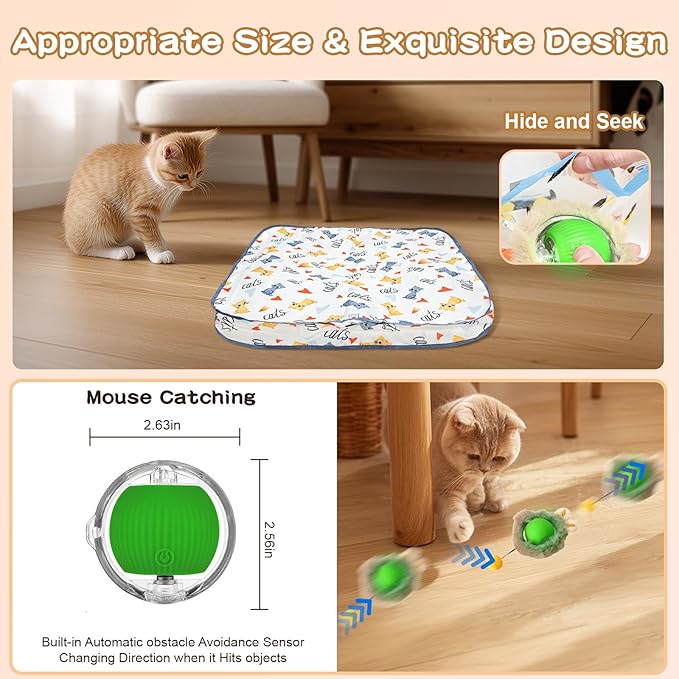 Rocfish Interactive Cat Toys Ball - Automatic Fast Rolling Ball in Play Mat, Hide and Seek Mouse Catching Game, Low-Noise Cat Enrichment Toys in Pouch for Indoor Bored Cats (Green Toy & Square Mat)-Mewly Pet