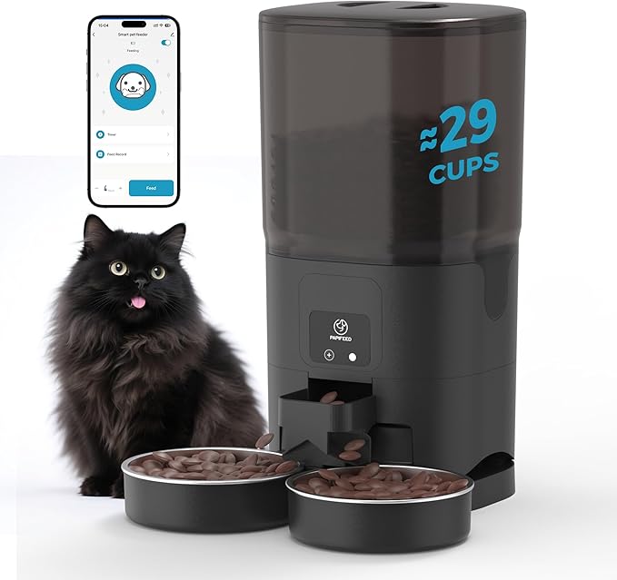 PAPIFEED 7L Automatic Cat Feeder for 2 Cats - 2.4G WiFi Timed Auto Feeder with APP Control, Cat Food Dispenser with Alexa for Multiple Cats, Detachable for Easy Clean, 1-10 Meals Per Day - Black-Mewly Pet