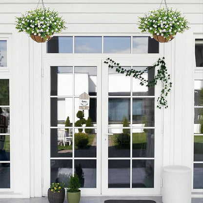 Artificial Hanging Flowers Basket for Outdoor, 16 Fake Flowers Look Real UV Resistant, Faux Hanging Plants for Porch, Balcony, Patio, Garden, Spring Summer Decor,White