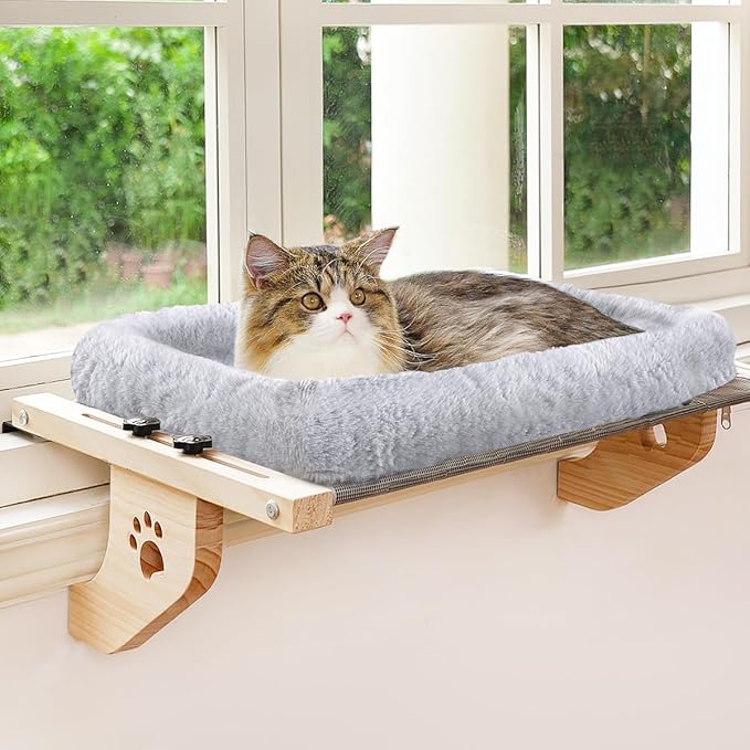 AMOSIJOY Cat Sill Window Perch Sturdy Hammock Window Seat with Cushion Cover, Wood & Metal Frame for Large Cats, Easy to Adjust Cat Bed for Windowsill, Bedside, Drawer and Cabinet (L)-Mewly Pet