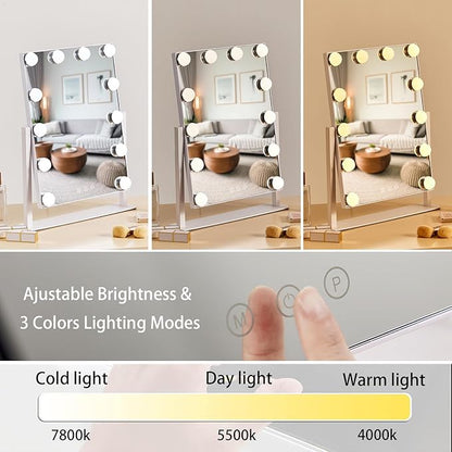 HIEEY Hollywood Makeup Mirror with 12 Dimmable Bulbs Lights, Three Color Lighting Modes, with 4in 20X Magnification Mirror, Smart Touch Control, 360°Rotation (White,Gift Box)