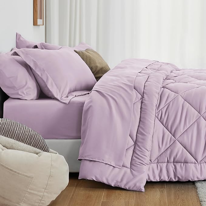 Love's cabin King Size Comforter Set Light Purple, 7 Pieces King Bed in a Bag, All Season Bedding Sets with 1 Comforter, 1 Flat Sheet, 1 Fitted Sheet, 2 Pillowcase and 2 Pillow Sham